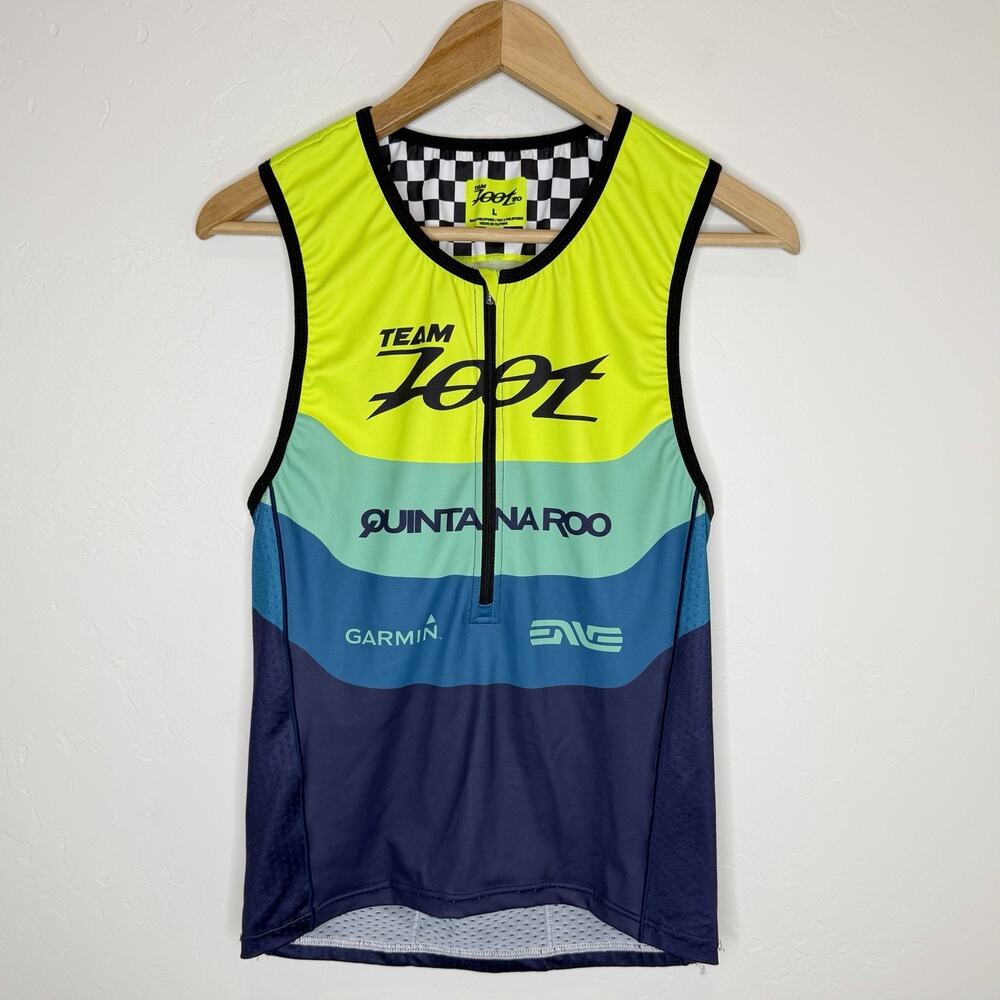 Team Zoom Mens Large Triathlon Singlet Tank Tri Bright Green Blue